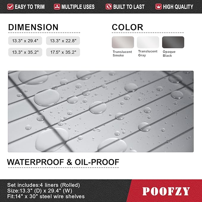 Poofzy Wire Shelf Liner 14" X 30", Non-Adhesive Plastic Shelf Liners for Wire Shelving, Waterproof Protector Mats (4PK, Clear)