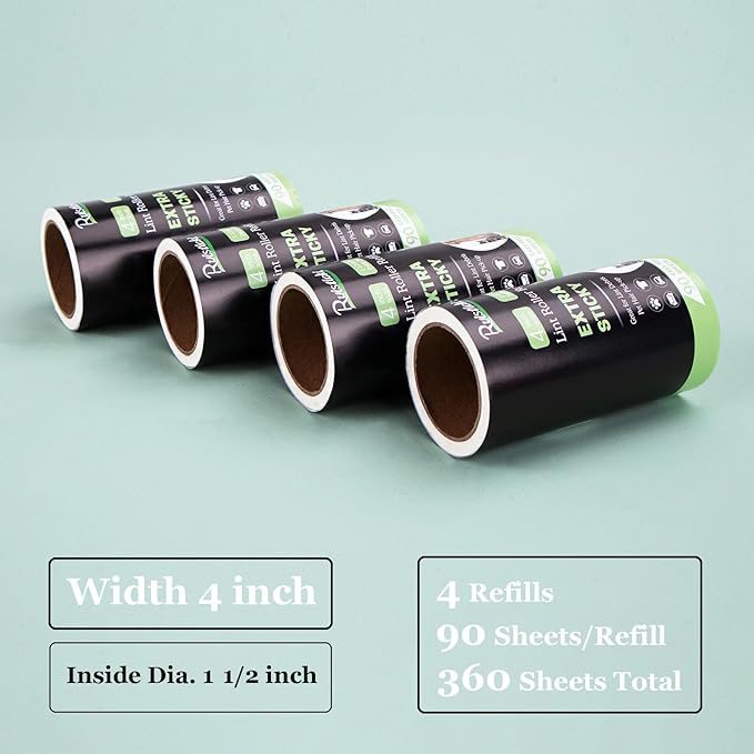 4 inch Lint Roller Refills for Amazon PetLovers Evercare Albatross and More Standard Lint Rollers, Extra Sticky 90 Sheets per Refill, Pack of 4 Rolls, 360 Sheets Total (1 1/2 inch Inside Dia.)