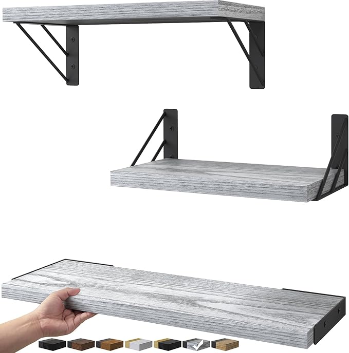 BAYKA Wall Shelves for Bedroom Decor, Floating Wall Shelves for Living Room Kitchen Storage, Mounted Rustic Wood Floating Shelves for Kids Books,Corner Shelves for Bathroom(Gray White，Set of 3)
