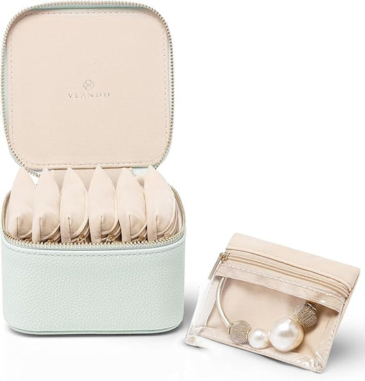 Vlando Jewelry Travel Case, Travel Jewelry Organizer with Clear Velvet Jewelry Bags Storage Zipper Pockets, Girls Women Gift Ideas for Wedding Party Thanksgiving Christmas-Light Green