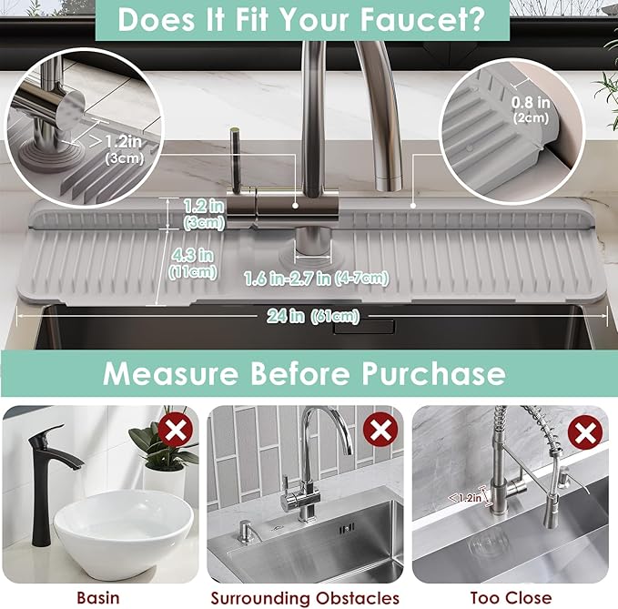 24 Inch Silicone Faucet Mat for Kitchen Sink Splash Guard - 7° Slope Water Draining Mat With Fasten Button for Bathroom Area (Gray, 24''x5.5'')