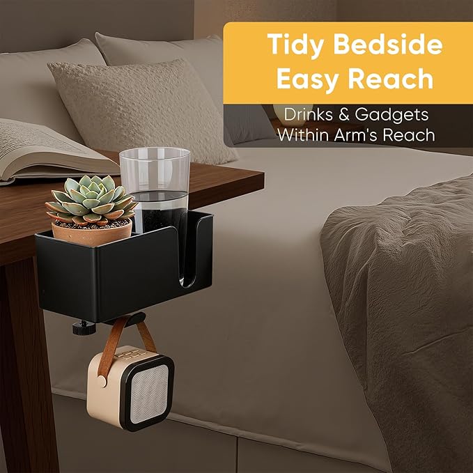 4-in-1 Clip On Desk Cup Holder - Adjustable Mountable Cup Holder with Divider & Rotating Hook - Large No Spill Clamp On Drink Holder Attachment - for Desk Chair Table Bed Tray - Black