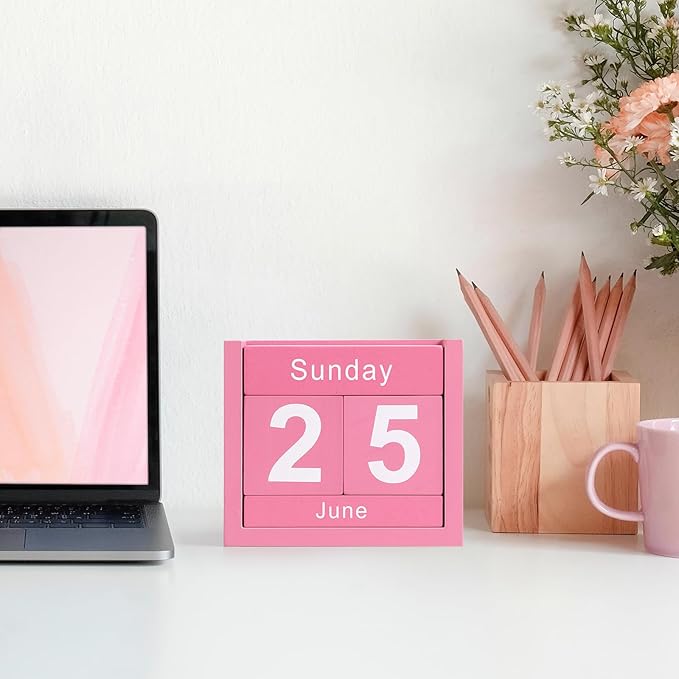 Wooden Block Calendar for Desk, Daily Desktop Perpetual Desk Calendar, Cute Date Display Blocks Desk Accessory for Home Office Decor, Teacher, Classroom, Reusable Yearly, Pink