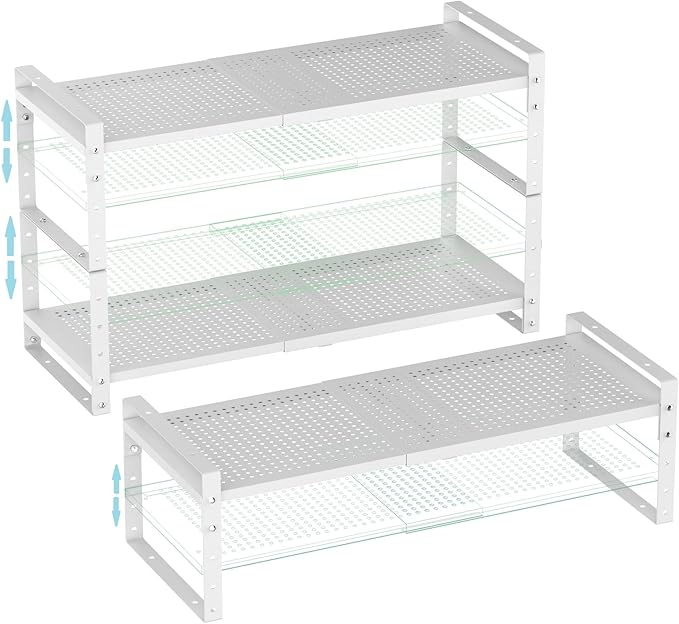 Wobmmi Expandable Shoe Rack Stackable Metal Pantry Storage Shelves Stand Adjustable Height Cabinet Shelf Organizer Racks Spice Shelving(3PACKS/WHITE,MEDIUM)