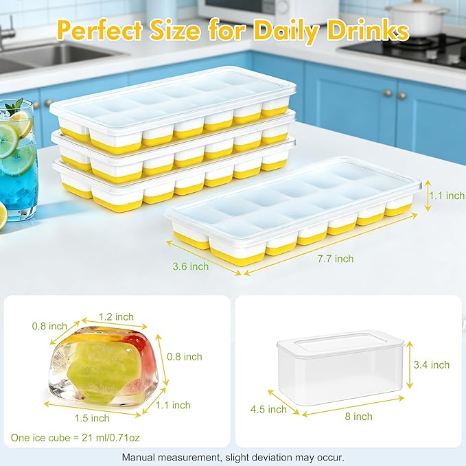 NFK Ice Cube Tray with Lid & Bin - 4 Pack 48 Cubes Stackable Silicone Trays for Freezer with Storage Container, Leak-Proof Lids, BPA-Free, Easy Release for Kitchen, RV, Party, Cocktail & Coffee