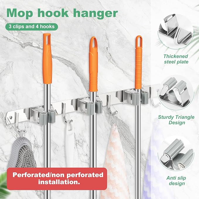 2 Pack Broom Holder Wall Mount 3 Racks 4 Hooks Stainless Steel Broom Mop Holder Anti Slip Storage Rack Strong Load Bearing Waterproof Broom and Mop Organizer Wall Hanging for Bathroom Kitchen Garage