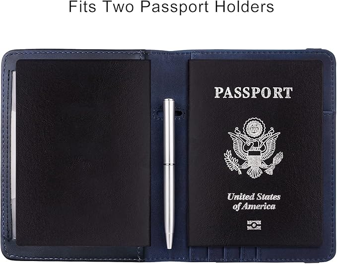 WALNEW Passport Holder for Travel, RFID Passport Cover Wallet for Women Men, PU Leather Passport Book Case with Pen Holder and Clear Photo Slot, Navy Blue