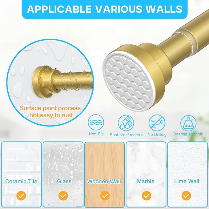 1 Pack Gold Spring Tension Curtain Rod 30-64 Inches, 7/8" inch Adjustable Curtain Rod No Drill, Anti-slip Spring Curtain Rod for Windows Bathroom Kitchen Closet Doorway