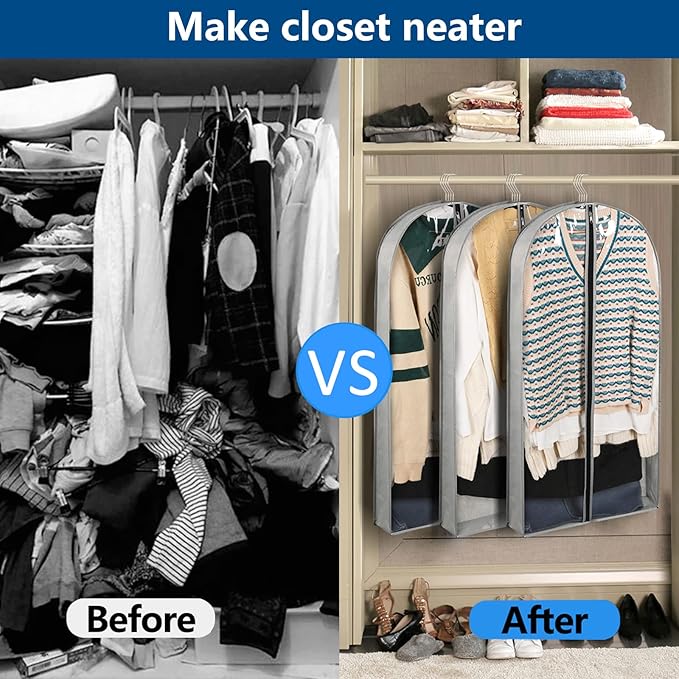 3 Pack 40" Garment Bags for Hanging Clothes Storage, Clear Suits Covers with 4" Gussets for Closet Storage Travel, Plastic Protector for Coat, Jacket, Sweater, Shirts
