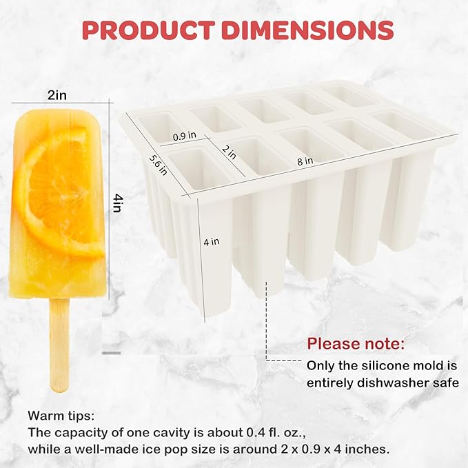 Miaowoof Homemade Popsicle Molds, 10-Cavity Non-BPA Silicone Ice Pop Maker, with 50 Sticks, 50 Bags, 10 Reusable Sticks, Funnel, Brush and Ice Pop Recipe (White)