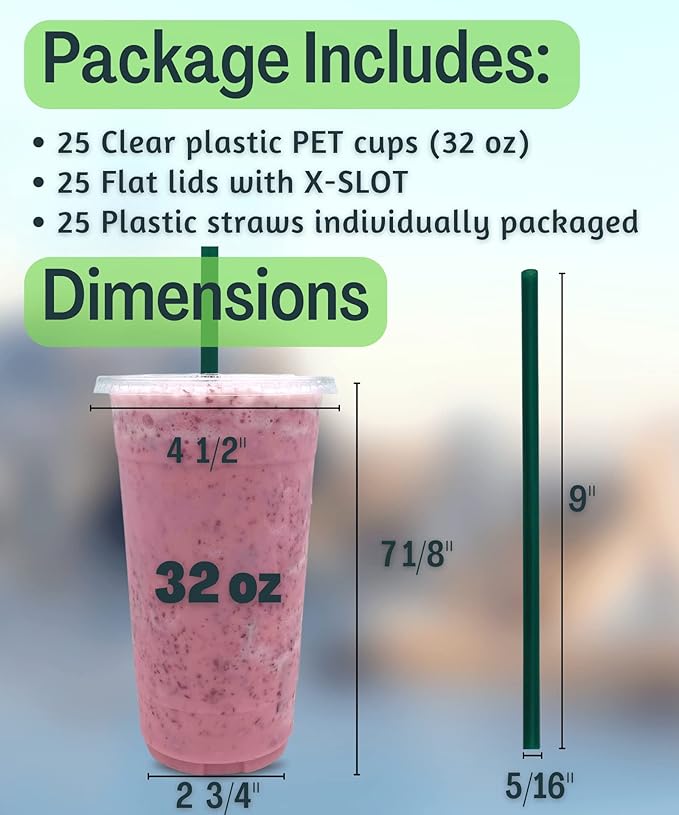 32 oz Clear Plastic Cups with Lids and STRAWS, Disposable Drinking Cups for Cold Drinks, Iced Coffee, Milkshakes, Smoothies, 25 Sets