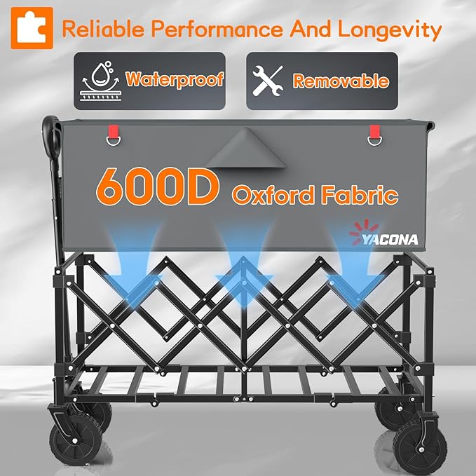 35" L Extra Long Foldable Wagons Carts, 360LBS Heavy Duty Collapsible Wagon with Wheels, Folding Wagon Portable Utility Cart for Groceries, Shopping, Camping, Sports