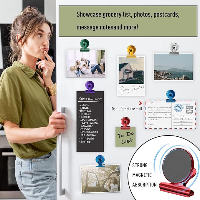 FINDMAG 48 Pack Magnetic Clips for Photo AND Picture Display, Strong Scratch-Free Refrigerator Magnets, Heavy Duty Clips for Picture Hanging, Whiteboard, Kitchen, Office, School Use.