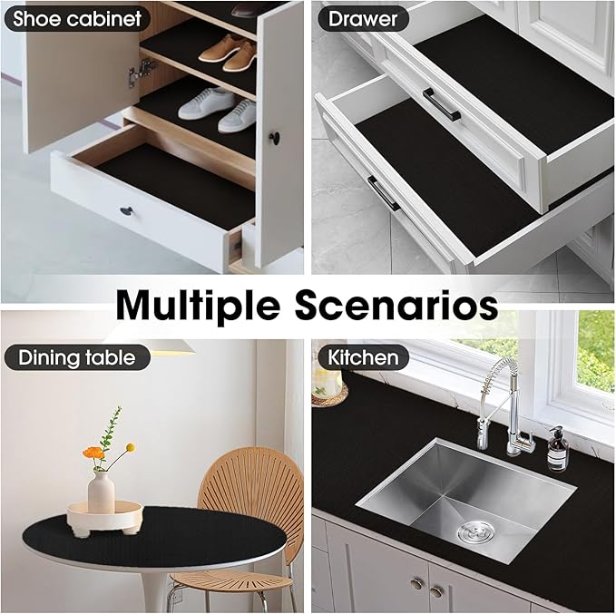 Drawer and Shelf Liner, Non-Slip Kitchen Cabinet Liners Non-Adhesive Thick Strong Grip Waterproof Washable Mats Protect Dresser Shelves Cupboard Bathroom Cabinets, Black, 12 in X 20 FT