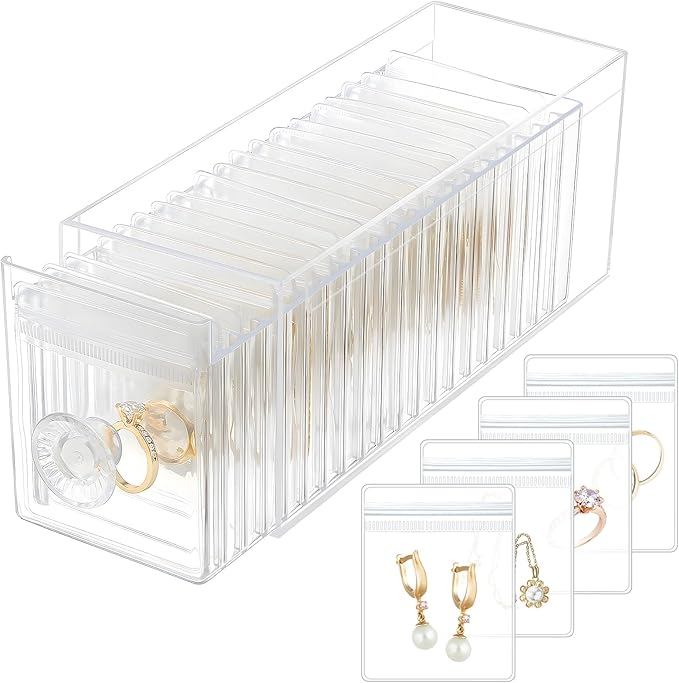 Clear Acrylic Jewelry Organizer Box with 20 Portable Pouches, Jewelry Storage Case for Women Girls, Tangle-Free, Anti-Tarnish, Compact Storage for Necklaces/Earrings/Rings, Upgraded Clear