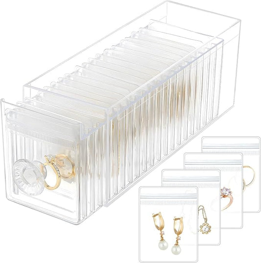 Clear Acrylic Jewelry Organizer Box with 20 Portable Pouches, Jewelry Storage Case for Women Girls, Tangle-Free, Anti-Tarnish, Compact Storage for Necklaces/Earrings/Rings, Upgraded Clear