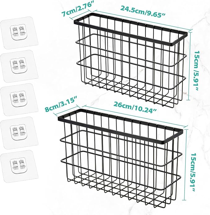 2 Pack Cabinet Door Organizer,Self Adhesive Lid Organizers Inside Cabinet Storage Boxes,Hanging Storage Basket Organizer Wall Mounted Pantry Caddy Cup Holder for Kitchen,Fridge,Bathroom (Black)