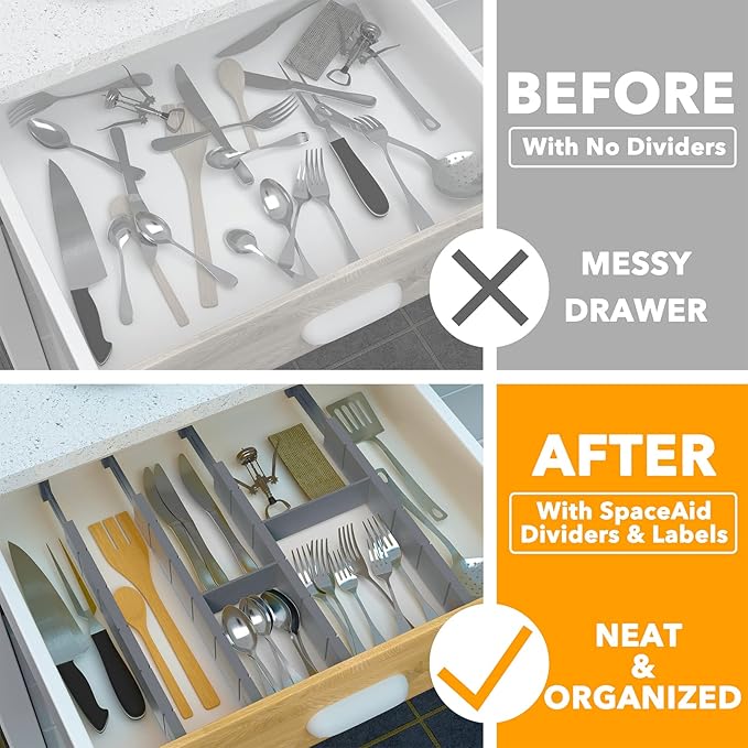 SpaceAid Bamboo Drawer Dividers with Inserts and Labels, Kitchen Adjustable Drawer Organizers, Expandable Organization for Home, Office, Dressers, 4 Dividers with 9 Inserts (17"-22" Gray)