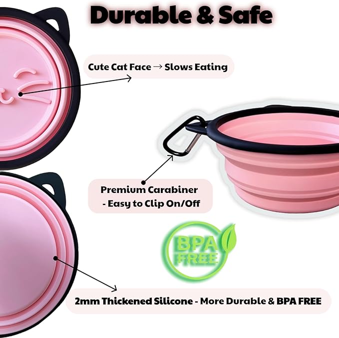 2 Pack Silicone Travel Dog Bowls, Slow Feeder Anti-Gulping, 25oz Collapsible Portable Water & Food Bowls for Medium & Large Dogs, Pet Camping Essentials (Pink/Gray)