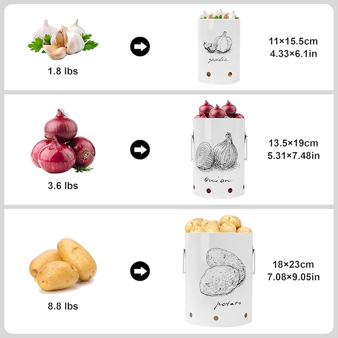 Kitchen Potato and Onion Storage Bin,Metal Vegetable Storage Bins Set of 3 with Aerating Holes and Lids,Farmhouse Canisters Sets for the Kitchen Countertop (1, Circular)