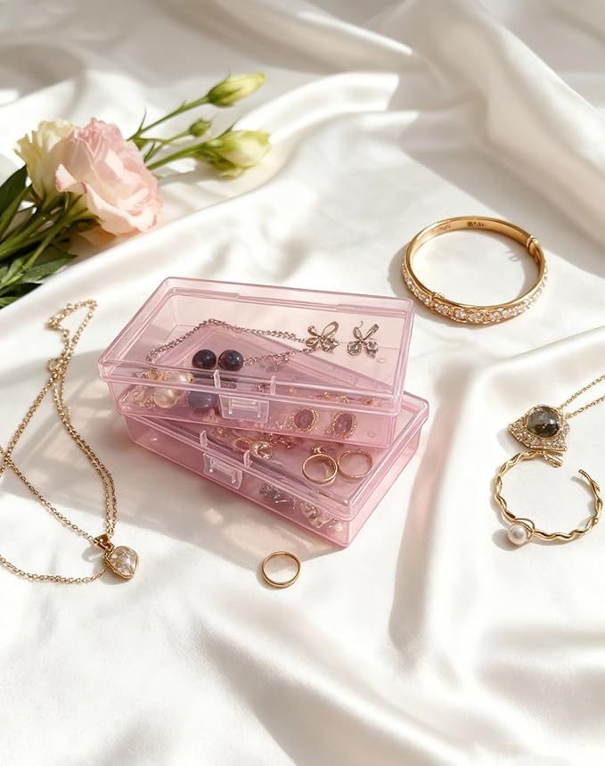 LJY 12 Pieces Rectangular Empty Mini Clear Plastic Organizer Storage Box Containers with Hinged Lids (5.3 x 3.1 x 1.2 inch, Pink)