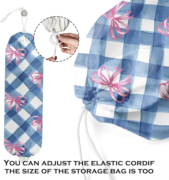 Pink Bow Plastic Bag Holder for Kitchen Essentials, Wall Mount Grocery Bag Holder for Plastic Bags, Blue White Plaid Reusable Shopping Bags Storage Dispenser for Home Kitchen Pantry, 22.5x9 Inch