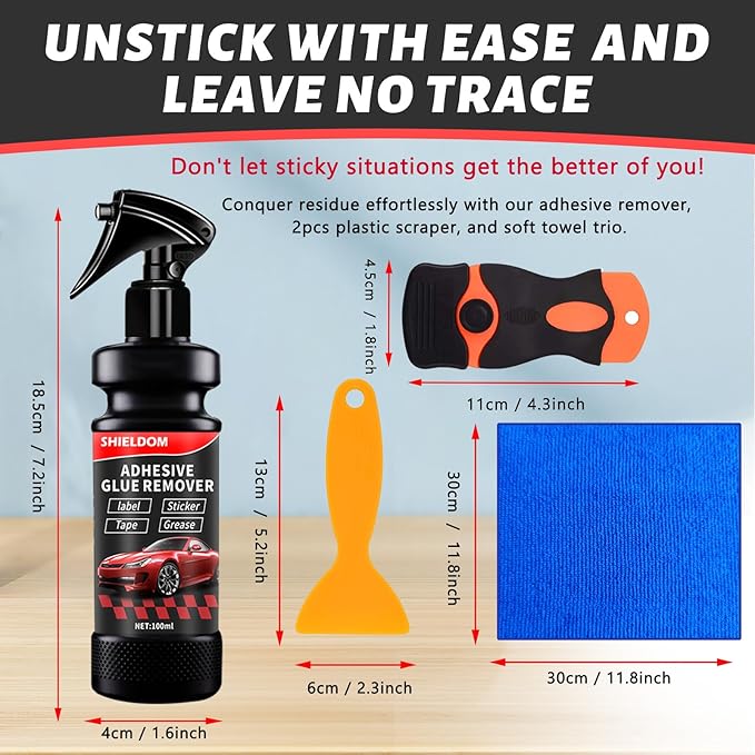 SHIELDOM Adhesive Remover, Dissolve & Soften Adhesives on Car Glass & Paint, Easily Remove Glue Sticker Labels Decals Tape Residue, Portable Spray Removal Set with Scraper, Spatula, Towel -3.4oz/100ml