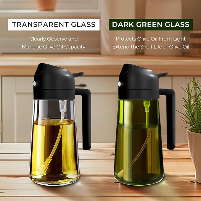 YARRAMATE 4Pcs 16oz/470ml Glass Olive Oil Sprayer Set with Stickers, Kitchen Gadgets, Including 2Pcs Non-Slip Bottle Mat, Cleaning Brush-Aesthetic Ideal Kitchen Gift