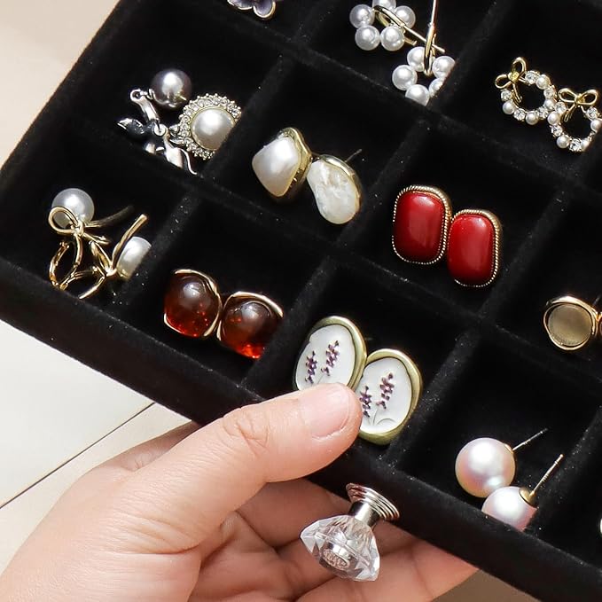 SPAKOWN Earring Box Holder Organizer Case, Clear Velvet Jewelry Storage Tray Organizer for Earring Ring Stud (Black - 3 Drawers)