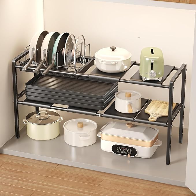 Pots and Pans Organizer Under Cabinet, Expandable 2 Tier Under Sink Organizers and Storage Adjustable Height Kitchen Pot and Pan Lid Holder Rack with 6 Dividers (6 panels, 1 Pot rack, Black)