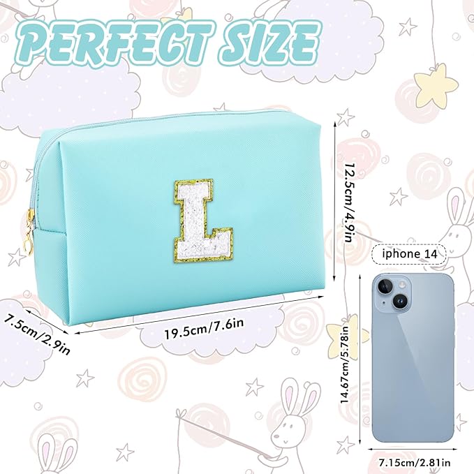 Gifts for Girls Initial Makeup Bag Personalized Cosmetic Bag with Zipper Cute Travel Toiletry Bag Waterproof PU Preppy Makeup Pouch Birthday Gift for Teen Girls Women(Blue L)