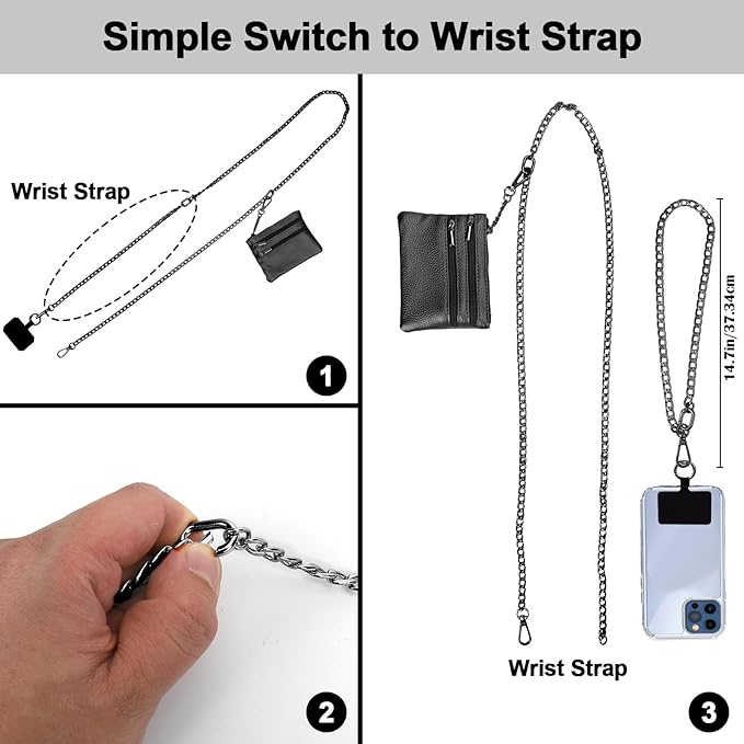 XANGNIER Clip and Go Strap for Phone with Wallet Crossbody, Phone Strap with Zippered Wallet, Adjustable Anti Theft Cellphone Lanyard for Women, Cellphone Chain Accessories, Chain Black