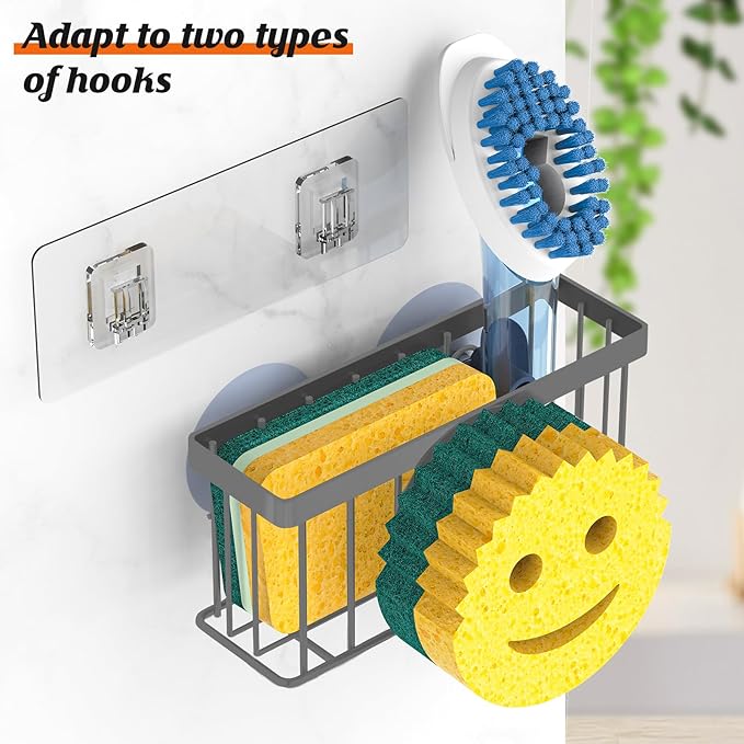 Sponge Holder Smiley Face, Sink Caddy for Kitchen Sink, Sponge Holder with 2 PCS Suction Cups/1 PCS Adhesive Strips, Designed for Sponge, Soap, Dish Brush, Scrubber - Charcoal Gray
