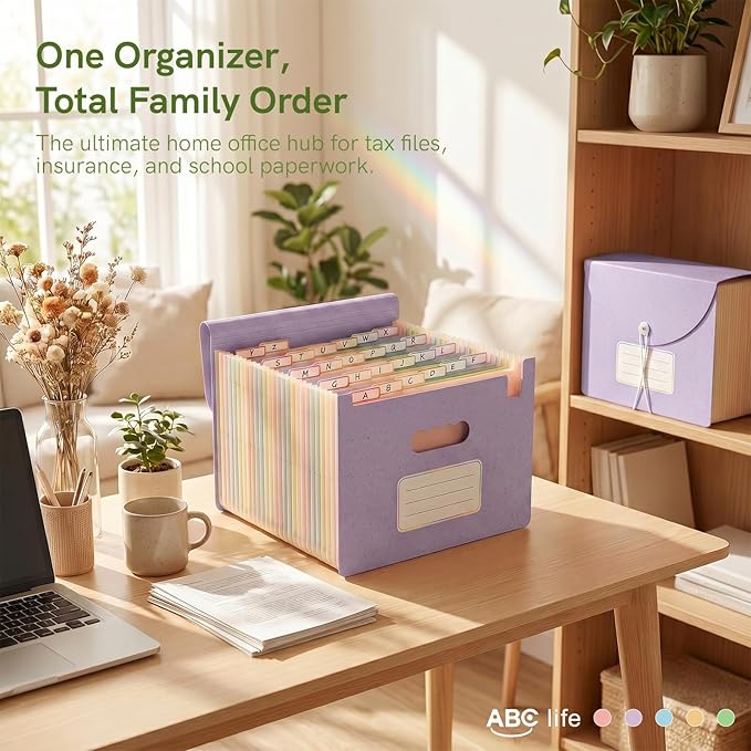 ABC life 26 Pockets Accordion File Organizer, High Capacity Expanding File Folder for Letter A4 Size, Portable Document Holder with A-Z Tabs for Tax Receipt, Teacher & Home Office -Dusty Lavender