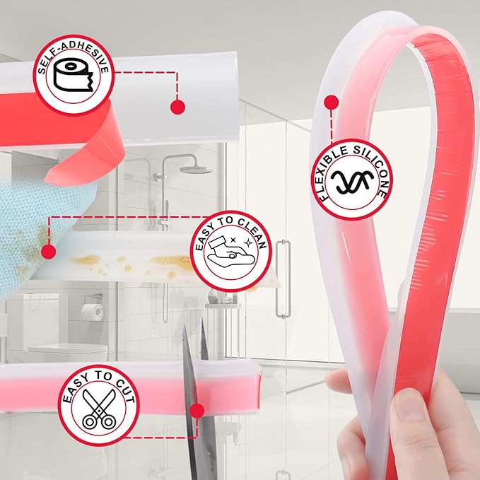 Shower Threshold Water Dam Guard - Self-Adhesive Silicone Waterproof Barrier, Leak-Proof, Flexible, Easy Installation, Customizable Length for Showers, Bathtubs, Sinks, and Countertops by Hzetuu