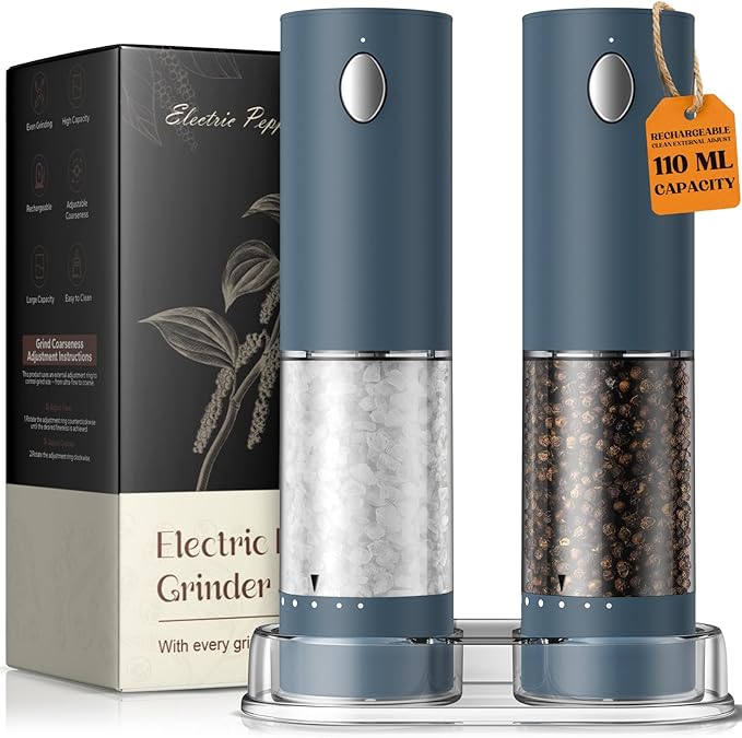 Electric Salt and Pepper Grinder Set, Rechargeable Automatic Salt and Pepper Shaker with 6 Adjustable Coarseness, Large-Capacity Pepper Mill Kitchen Appliances Gifts for Women(Blue）