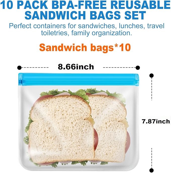 10 Pack Reusable Sandwich Bags, Dishwasher Safe Freezer Bags, BPA Free & Leakproof Reusable Lunch Bag for Salad Fruit Travel and Marinate Meats, Cereal, Lunch, Veggies(Blue Sandwich)