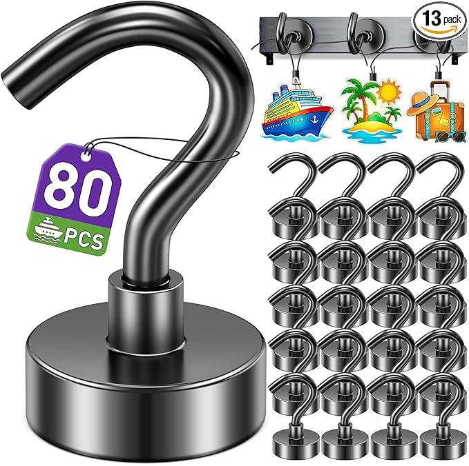 80 Pack Magnetic Hooks for 2026 Cruise Cabins Beach Vacation 30lbs+ Heavy Duty Magnet with Hook Metal Magnetic Hooks for Kitchen Fridge Grills Hanging Magnet Hooks for Classroom Locker Whiteboard