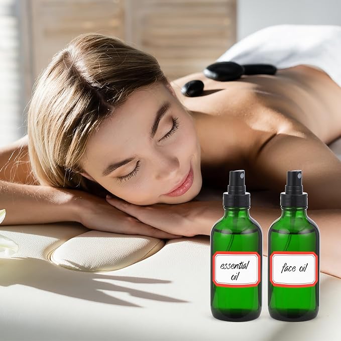 Fumete 2 Pack Glass Bottles 4oz Empty Refillable Liquid Containers with 1 Label 1 Funnel for Essential Oils Hair Travel Plants Cleaning Skin Care(Green, Black Top,Mist Bottle)