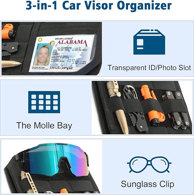 Upgraded Molle Car Sun Visor Organizer, Semi-Rigid MOLLE Panel No Sagging with Zipper Storage Pouch & Glasses Clip, Tactical Gear for Trucks SUVs Cars - Universal Fit
