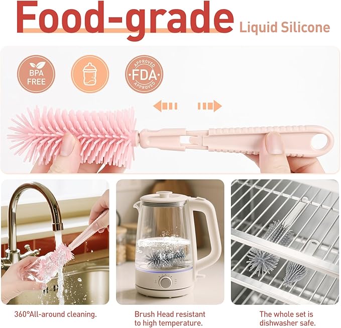 Baby Bottle Brush Set, 6-in-1 Travel Bottle Cleaning Kit with Silicone Bottle Brush, Nipple & Straw Brush, Soap Dispenser, Drying Rack, Storage Box – Compact Travel Baby Essential for Home & On-The-Go