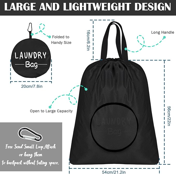 Sylfairy 2 Pack XL Laundry Bag with Strap, Heavy Duty Travel Laundry Bag, Rip-Stop Dirty Clothes Shoulder Bag with Drawstring, Easy Fit a Laundry Hamper or Basket Travel Essentials (Black)