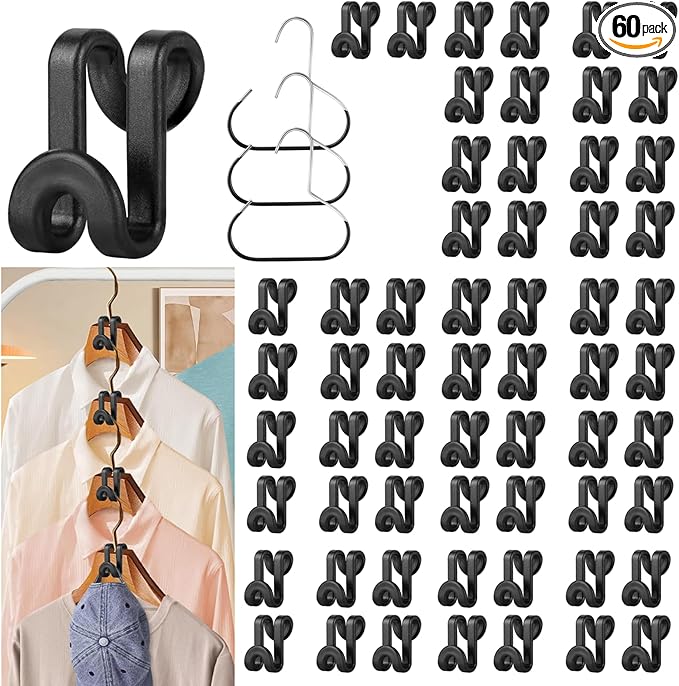 BATHRINS Space Saving Hanger Hooks Set - 60 PCS Hanger Connector Hooks & 3 PCS Hat Organizer Hangers for Closet Clothes Organizers Space Saving