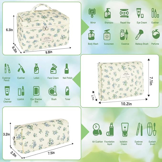 3Pcs Makeup Bag Quilted Cotton Cosmetic Bags for Women Large Small Blue Makeup Pouch Set Cute Coquette Floral Travel Bags Portable Skincare Toiletry Bag Vintage Puffy Essential Organizer