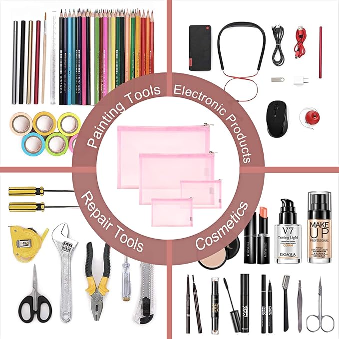 EASYFUN Mesh Pouch, Makeup Bag with Zipper Cosmetic Organizer Pouch for Daily or Travel to Keep Small Items, 4 PCS Pink