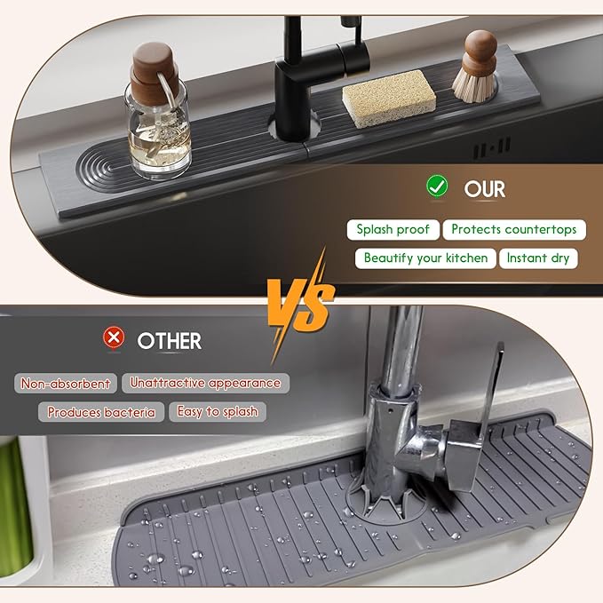 Faucet Mat for Kitchen Sink, Diatomite Quick Drying Tray, 15.8 Inch Kitchen Sink Splash Guard and Bathroom Stone Tray for Counter. Super Absorbent. Deep Grey.