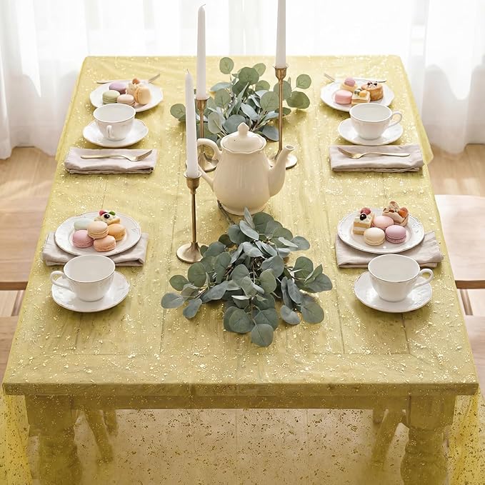 Horaldaily Yellow Gauze Tablecloth 60x60 Inch Square, Golden Sequin Glitter Metallic Foil, Sheer Tulle Cheesecloth for Wedding Baby Shower Ceremony Birthday