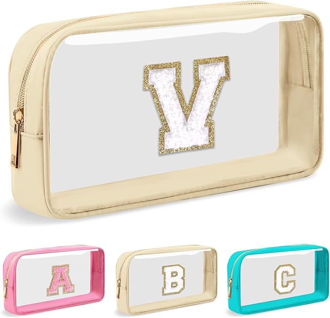 Personalized Initial Letter Clear Makeup Bag, Preppy Small Nylon & PVC Cosmetic Zipper Bag with Chenille Letter, Portable Beach Travel Skincare Toiletry Bag, Trendy Monogram Gift for Teen Girls Women, V