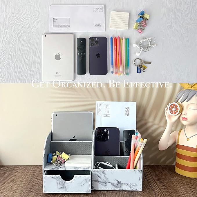 UnionBasic Desk Organizer, Multi-functional Leather Desktop Office Organizer, Pen Holder - Business Card/Pen/Pencil/Mobile Phone/Stationery Holder Storage Box, Marble White