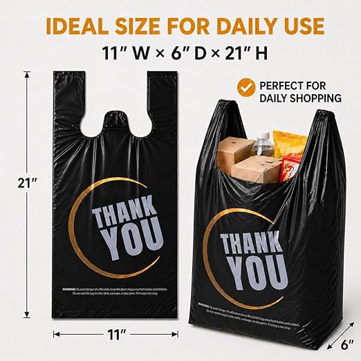 YoYoRain 855 Pack Black T-Shirt Bags with Handles, 11.5"x6.25"x21" Durable HDPE Plastic Shopping & Carry-Out Bags for Grocery, Retail, Takeout & Small Business